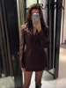 TRAFZA Women Fashion Suits Brown Turn-Down Collar Long Sleeves Single Breasted Blazer+High Waist Zipper Skirt Female Spring Sets 6
