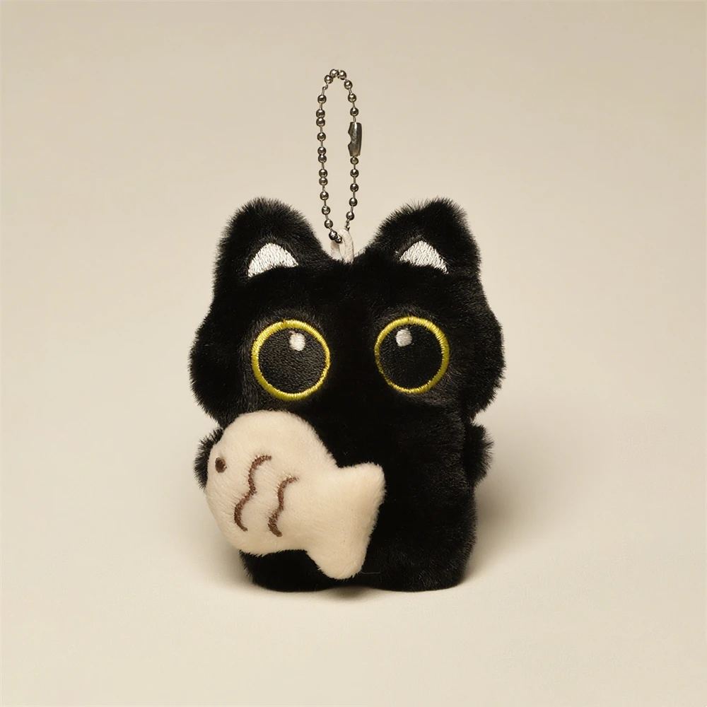 Porte-clés pendentif poupée chat noir en peluche pour femmes, breloque créative poisson chats voiture, bijoux cadeaux pour jeunes filles N956