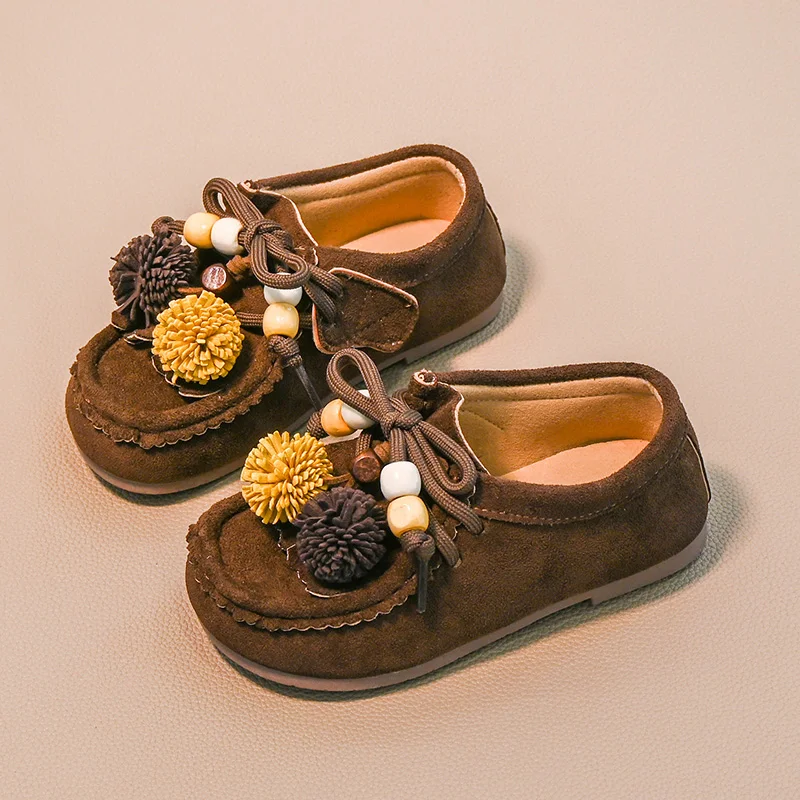 Leather Girls Flat Shoes Coffee Color Wedding Party