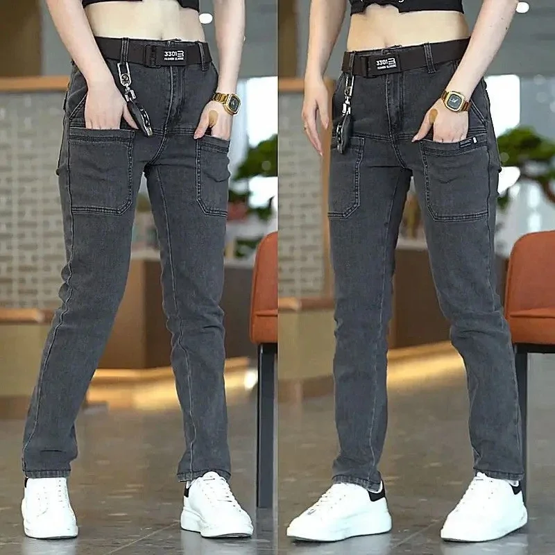 2024 New Korean Men Skinny Jeans Y2k Vintage Blue Cargo Denim Pants Pockets Man Casual Streetwear Jeans Trousers Clothing