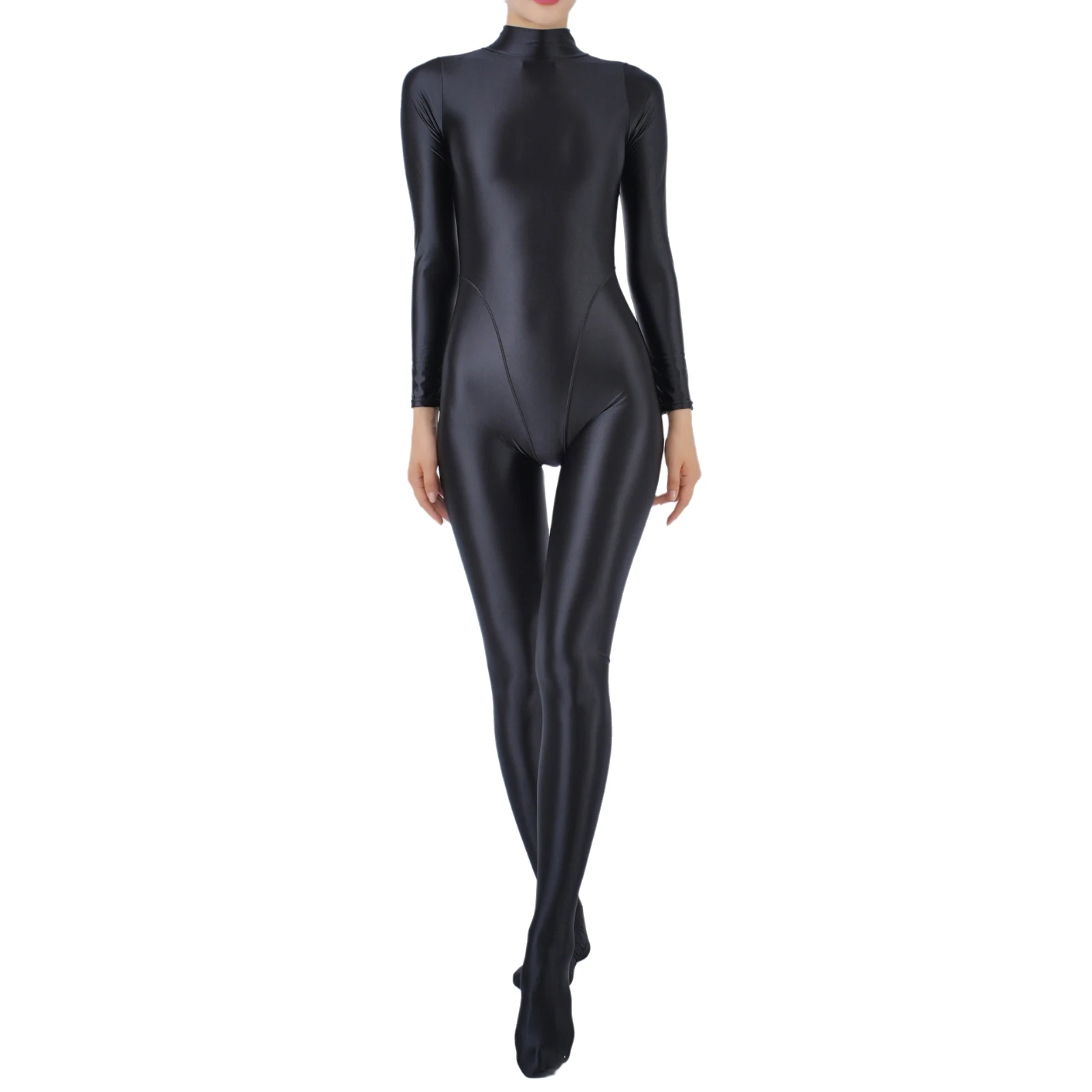 thumbnail image 1 of Mono completo brillante al óleo para mujer, lencería, culturismo, gimnasio, Fitness, cuello simulado, mono de manga larga, traje de baño protector contra sarpullidos, 1 of 5