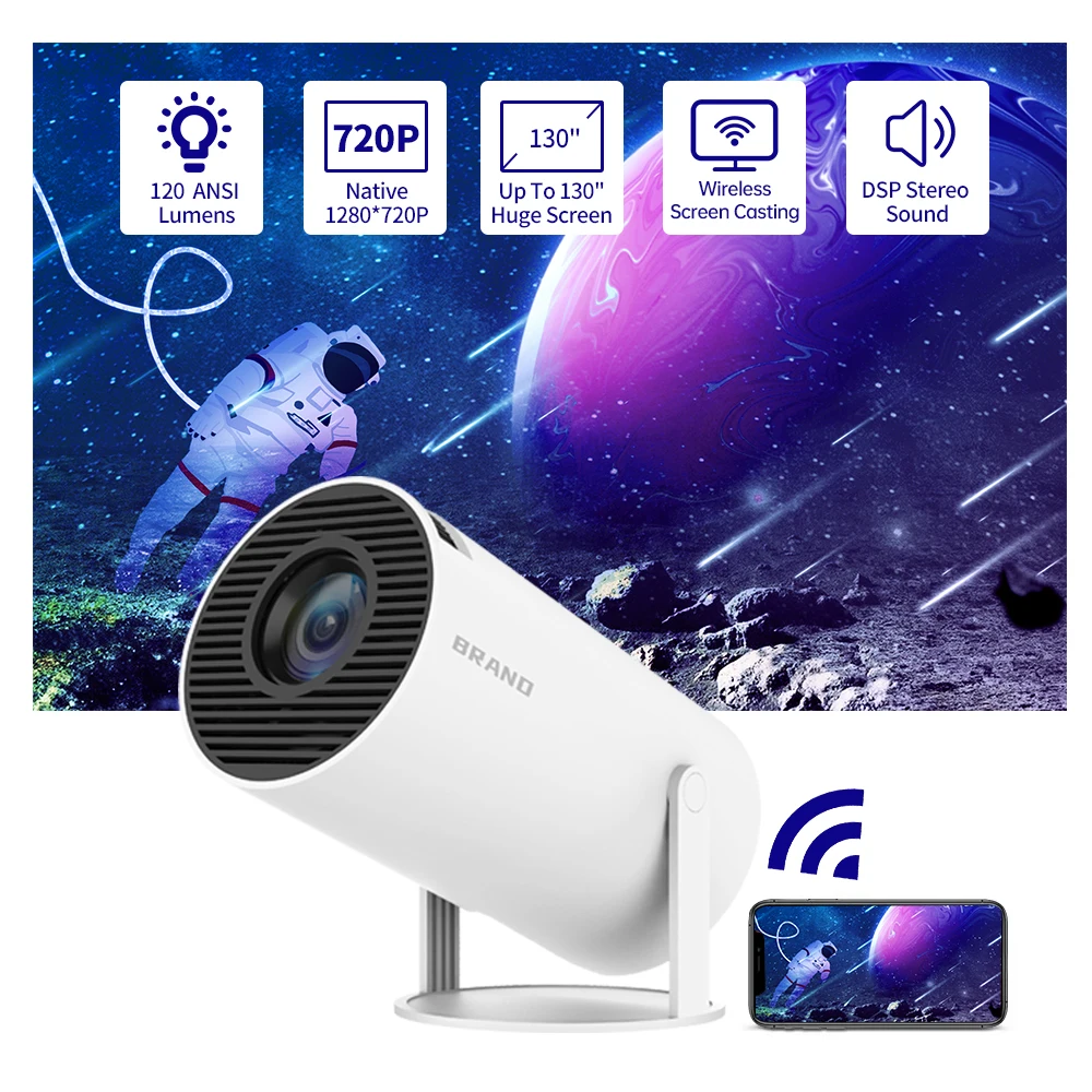 Salange HY300 Smart Projector Android 11.0 MINI WIFI portátil Home Cinema 130 '' Video Beamer 1280 * 720P Soporte 1080P para SAMSUNG Apple Android Teléfono móvil Outdoor 4K Movie via HD