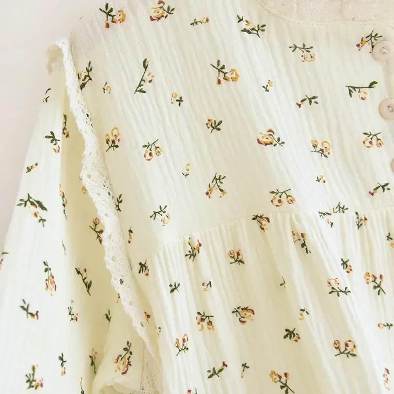 

Spring Dress Cotton for Women's Floral Summer Lace Neck Night Sleeved Pajamas Gown Round Long Cute Printing And Sweet