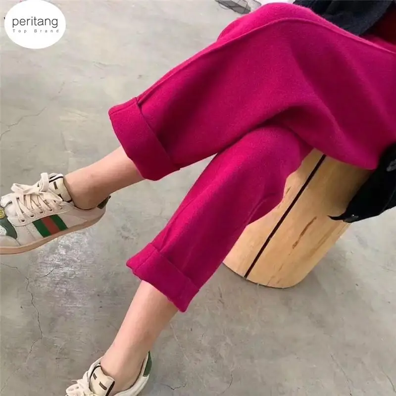 

2023 Autumn Winter Women Pants Harem High Waist Wide Legs Warm Knitted Fashionable Ankle-Length Trousers