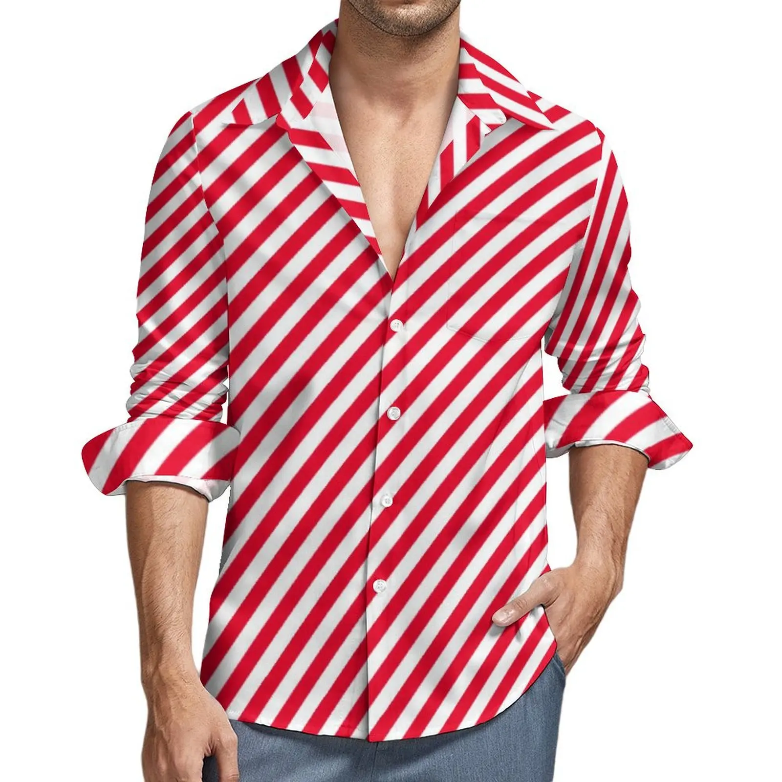 

Christmas Elf Blouses Men Red Stripes Shirt Long Sleeve Trendy Harajuku Casual Shirts Spring Design Clothing Plus Size