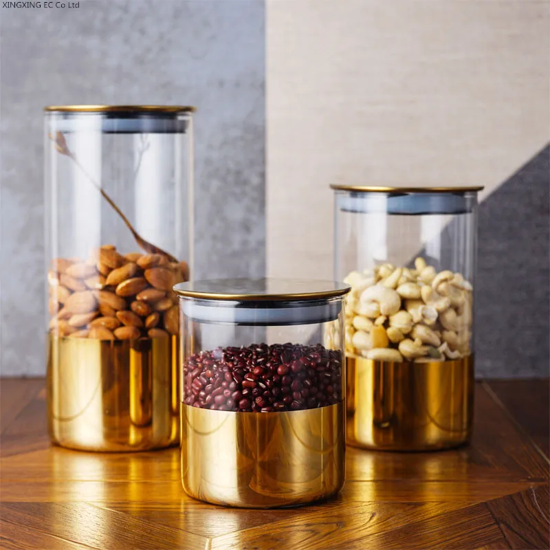 Golden Transparent Glass Bottles, Candy Jars, Household Sealed Jars with Lids, Kitchen Food Storage Jars, Coffee Beans, Tea Jars