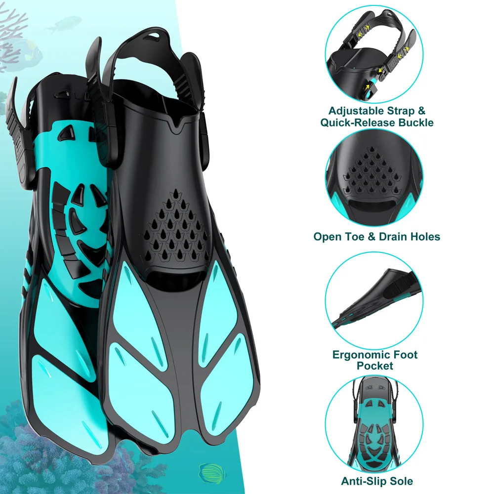 Snorkel Fins Swimming Flippers Adjustable Buckles Short Silicone Scuba Diving Shoes Open Heel Travel Size Adult Men Womens 2