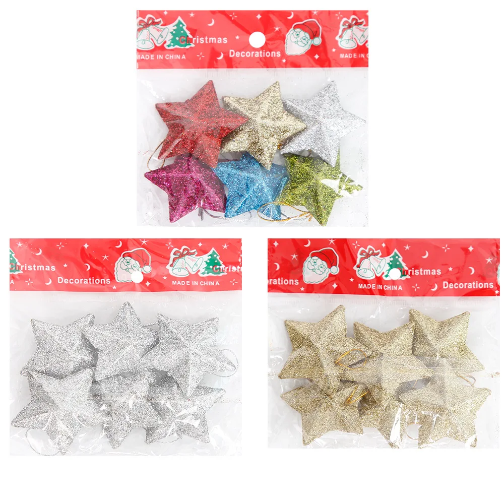 6Pcs Glitter Gold Silver Star Christmas Ornaments Star Embellishments Pendant for Xmas Tree Hanging Navidad New Year Party Decor