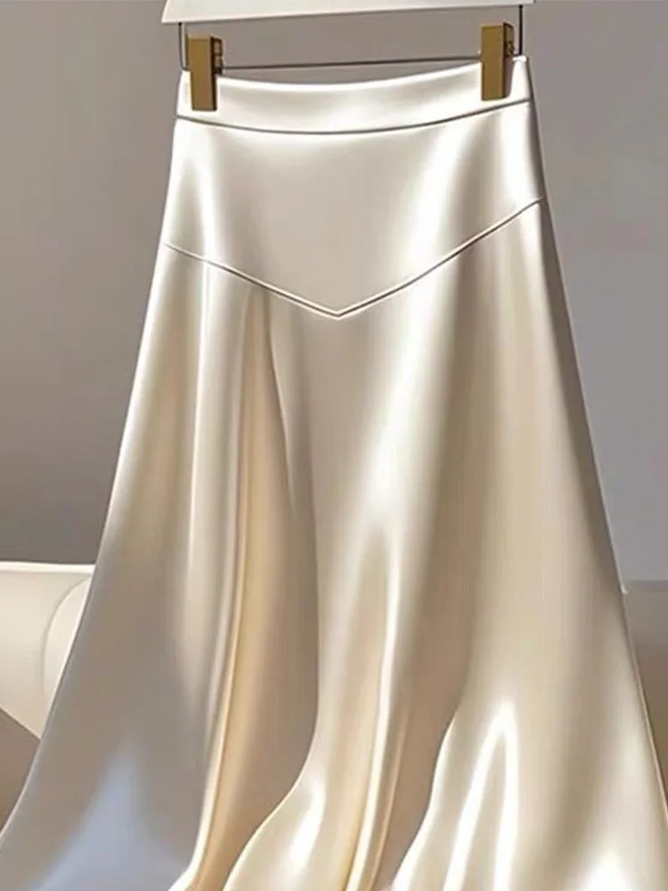 2025 Women Spring Autumn Elegant Temperament Solid Color Satin Skirt Women Clothes Simplicity Office Lady All Match A Line Skirt