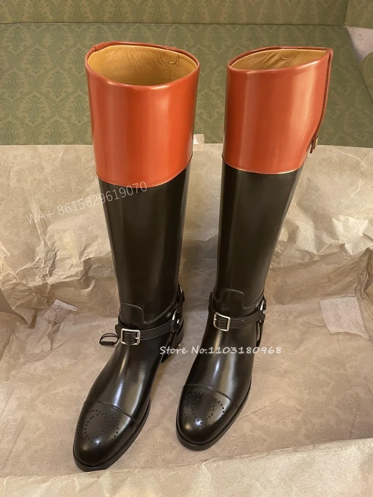 

Winter Round Toe Splicing Color Knight Boots Women Belt Buckle Decor Slip On Knee-High Boots Tall Pull-On Sleeve Straight Shoes