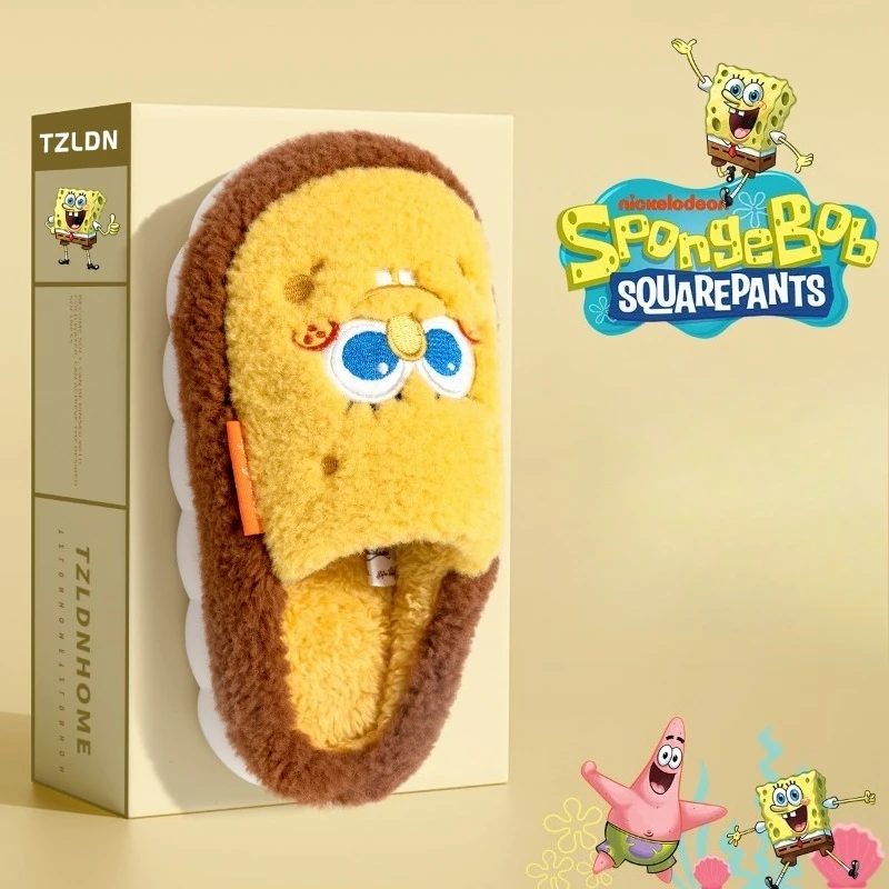 Bob l'éponge pantoufles de maison en daim pour femmes et hommes sans lacet pantoufles floues avec doublure en fausse fourrure chaussures de maison intérieure et extérieure