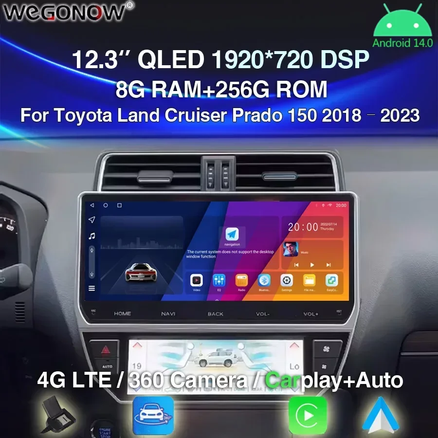 

360 CAM Carplay 12.3 " Android 14.0 8GB+256GB Car DVD Player GPS WIFI BT 5.0 Radio For Toyota Land Cruiser Prado 150 2018 - 2024