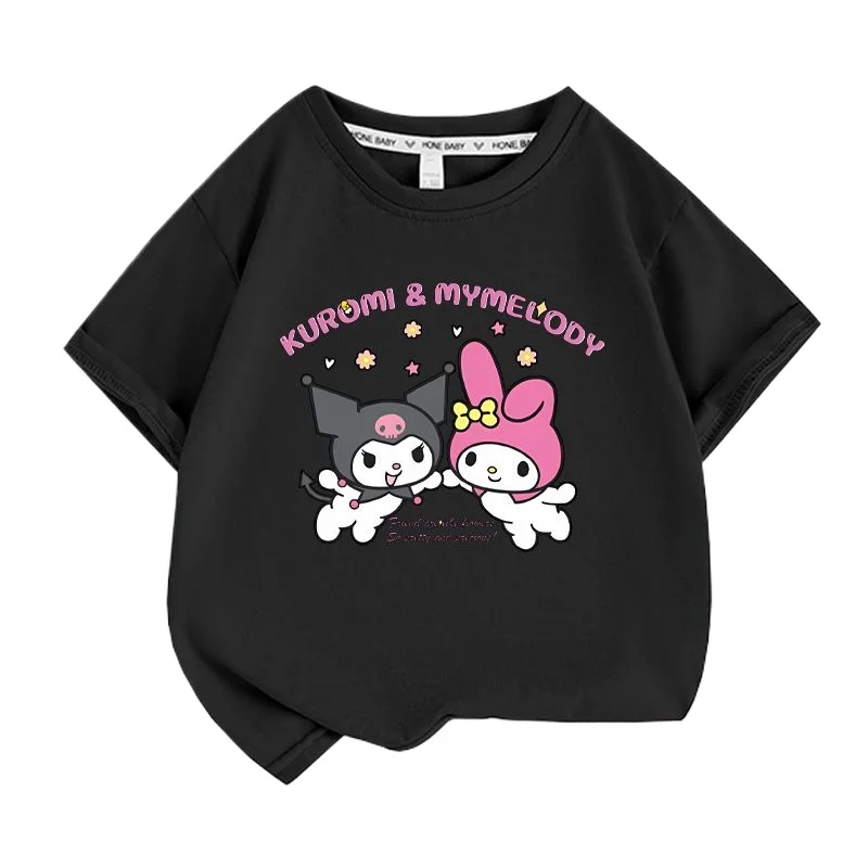 Sanrio 베스트셀러 귀여운 쿠로미 프린트 100% 코튼 아동 티셔츠 여름 데일리 야외 스포츠 캐주얼 루즈 스트리트 반팔