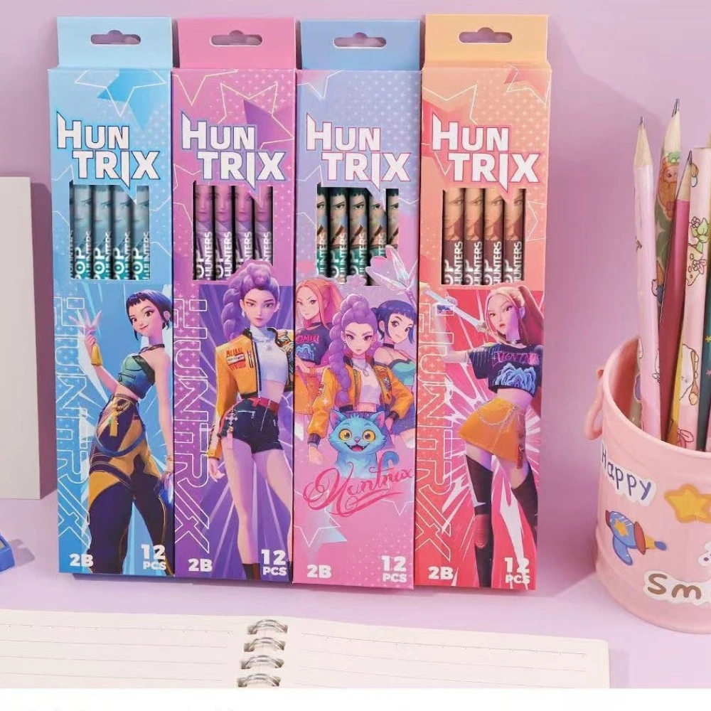 Lot de 12 crayons Kpop Demon Hunters Huntrix 2B en bois, crayons à graphite pour croquis, écriture fluide pour l'école, le bureau, le dessin et l'esquisse