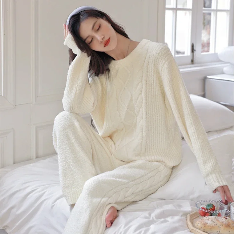 Women's Pajamas Set of Fall and Winter Soft Half-fleece Homewear Long-sleeved Thickened Leisure Elegant Simple Sweater Sleepwear