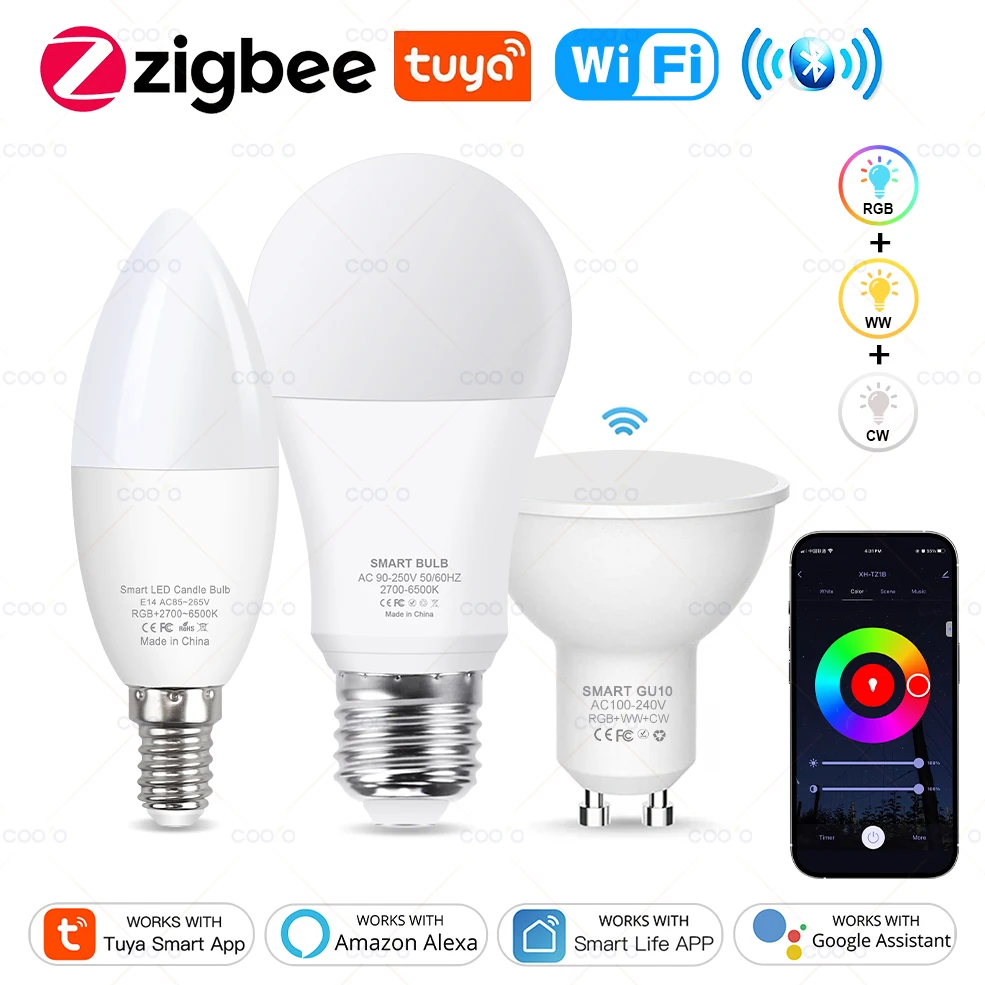 ZigBee Tuya Wifi Bluetooth LED Bulb Smart Life App Control Dimmable GU10 E27 E14 RGB CW Smart Bulb Work With Alexa Google