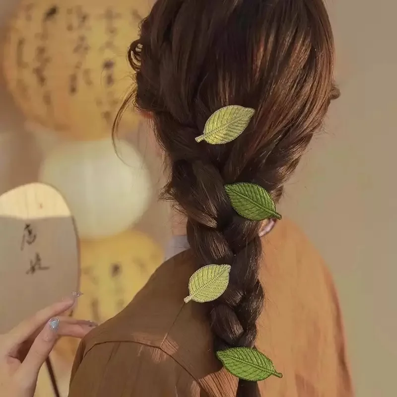Embroidery Green Leaf Hairpin Women Bangs Side Duckbill Clip Fresh Spring Summer Fairy Hair Clips Sweet Cute Girls Headwear