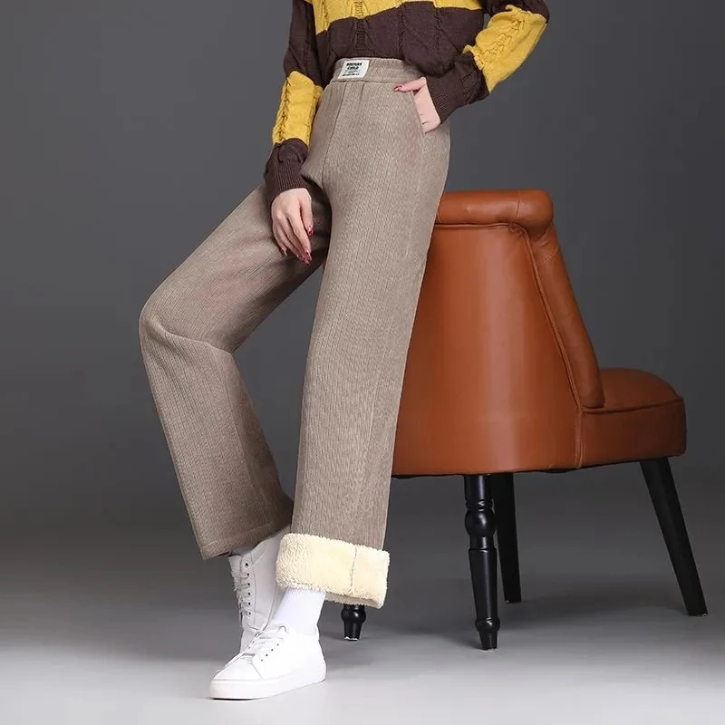 Fleece Lined Winter Wide Leg Pants Thicken Womens Straight Pantalones Baggy Warm Lambswool Sweatpants High Waist Casual Spodnie 3