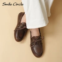 Smile Circle Boat Shoes Women Genuine Leather Loafers Moccasins Lace-up Flat Shoes 2