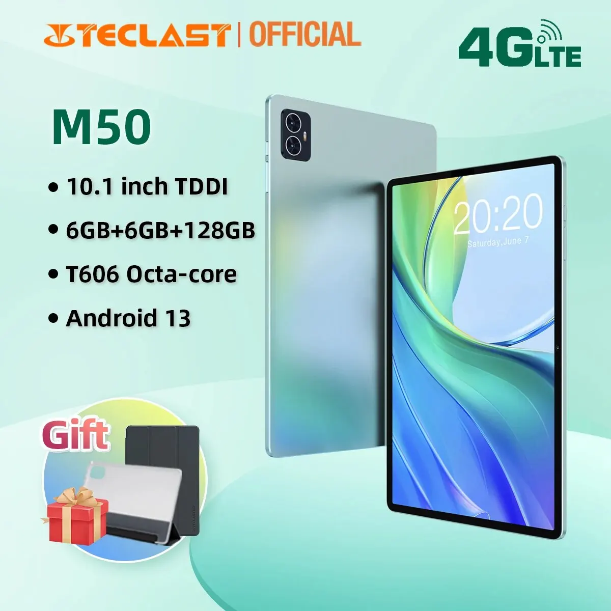 Teclast M50 Tablet Android 13 T606 8-Core 6Gb + 6Gb Ram 128Gb Rom 10.1 "Incell Rete 4G Completamente Laminata Gps Widevine L1 8Mm Slim