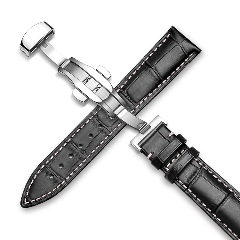 Butterfly Pattern Genuine Leather Watch Band Strap with Deployant Buckle in Brown & Black (12-24mm)