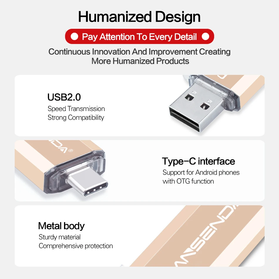 WANSENDA  128GB Type C USB Flash Drive Metal Pendrive 8GB 16GB 32GB 64GB USB2.0 Memory Stick for Type-C Mobile/Mac/PC