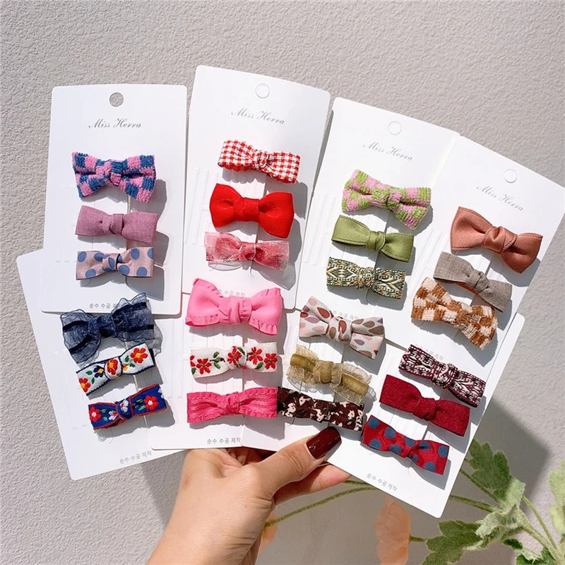 

3Pcs/Set Small Bows Baby Girl Hair Clips Floral Embroidery Hairpins For Women Vintage Hairgrips Kids Plaid Polka Dot Accessories