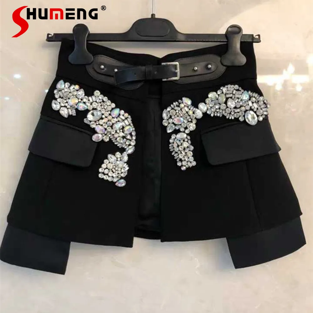 2022-spring-autumn-new-ladies-fashion-beads-pocket-leather-ring-belt-above-knee-skirt-women's-fashionable-sexy-waist-seal-skirt