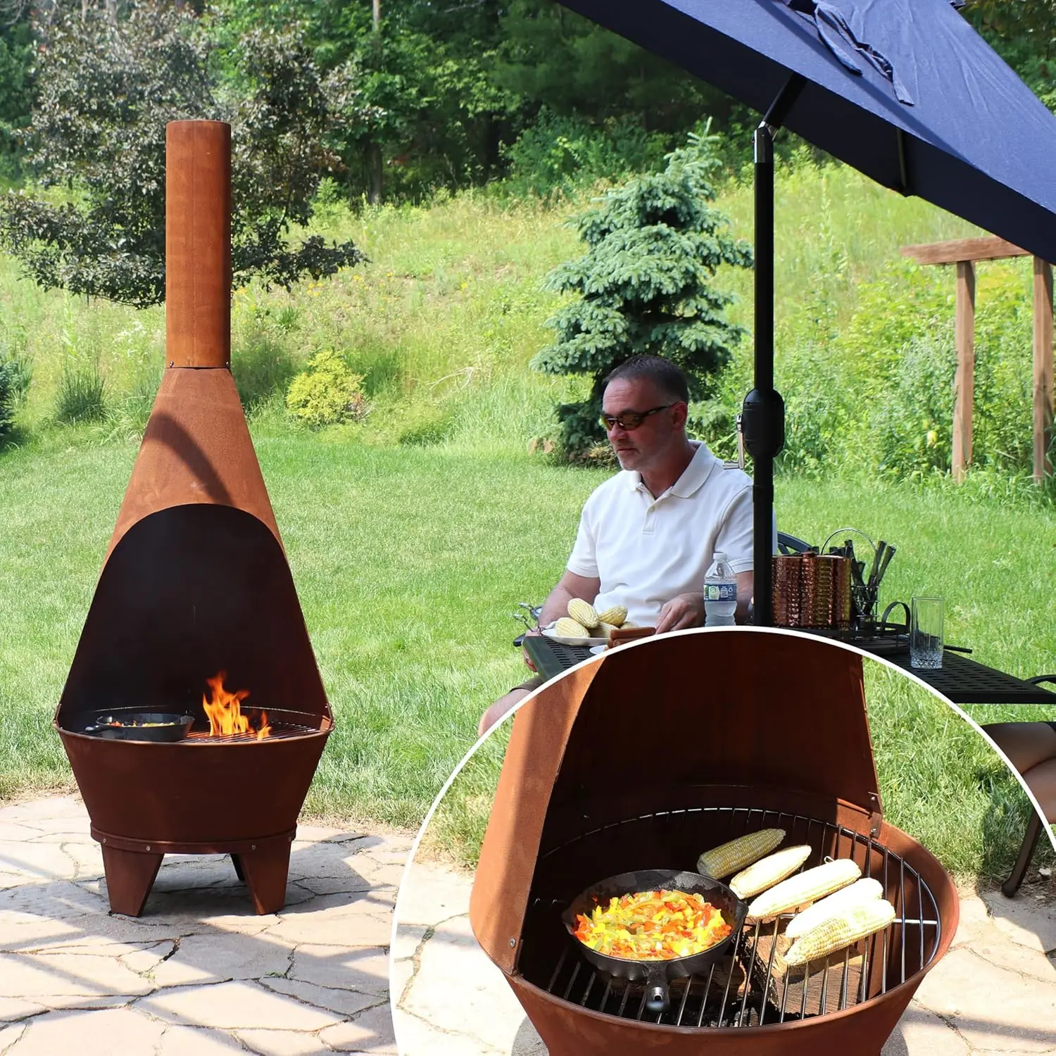 6-Foot Rustic Oxidized Cold-Rolled Steel Mexican-Style Chiminea - Rust Patina - Built-in Wood Grate 6
