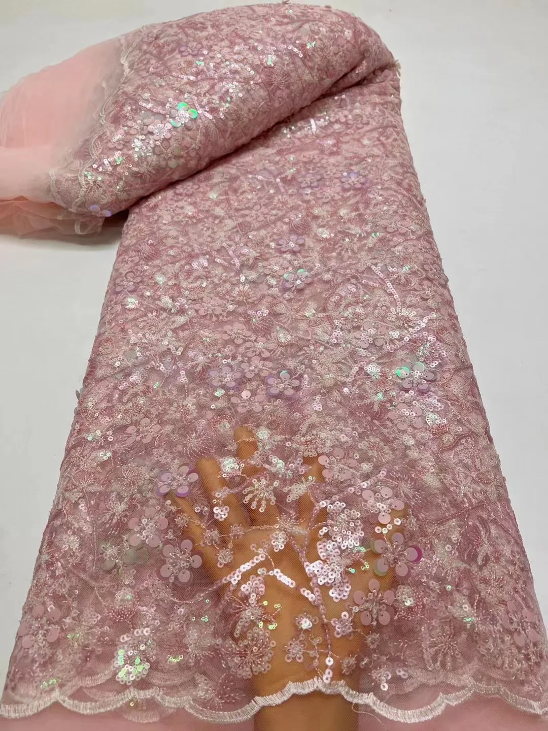 

Fashion African Tulle Sequin Lace Fabric High Quality Lace 5 Yards Nigerian Sequins Lace Fabric For Sewing Dresses Party Wedding