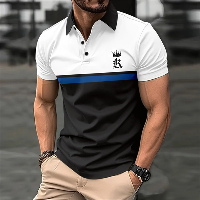 Funny Letter Print Polo T Shirt For Men Summer Casual Lapel Button Blouse Fashion Contrasting Colors Patchwork Short_voghion.com
