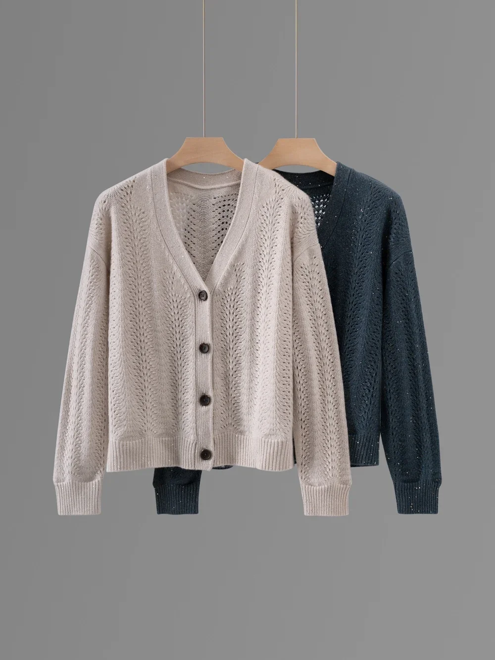 

Women Sequin Sweater Cashmere V-neck Single Breasted Casual Early Autumn Hollow out Knitted Cardigan