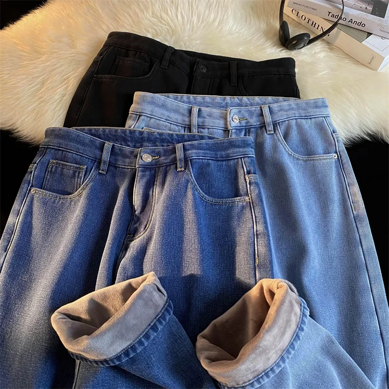 

LAPPSTER-Youth Vintage Velvet Denim Straight Pant Fleece Blue Korean Fashions Jeans Pants Denim Wide Leg Y2k Hip Hop Harem Pants