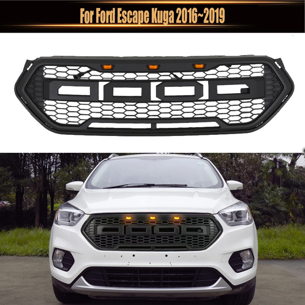 

For Ford Escape Kuga 2016~2019 Matte Black Or Grey Grille ABS Front Bumper Mask Mesh LED Racing Grills Upper Grid