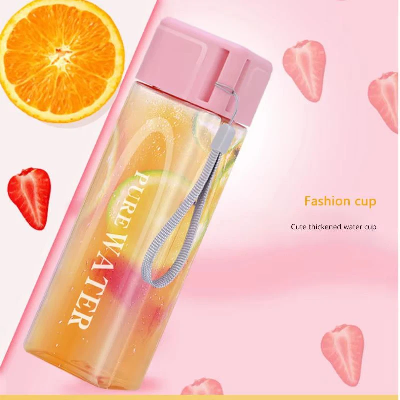 480ml Square Water Bottle Plastic Drinking Bottle Sports Water Cup With Portable Rope Leak-Proof Outdoor Juice Bottle Drinkware