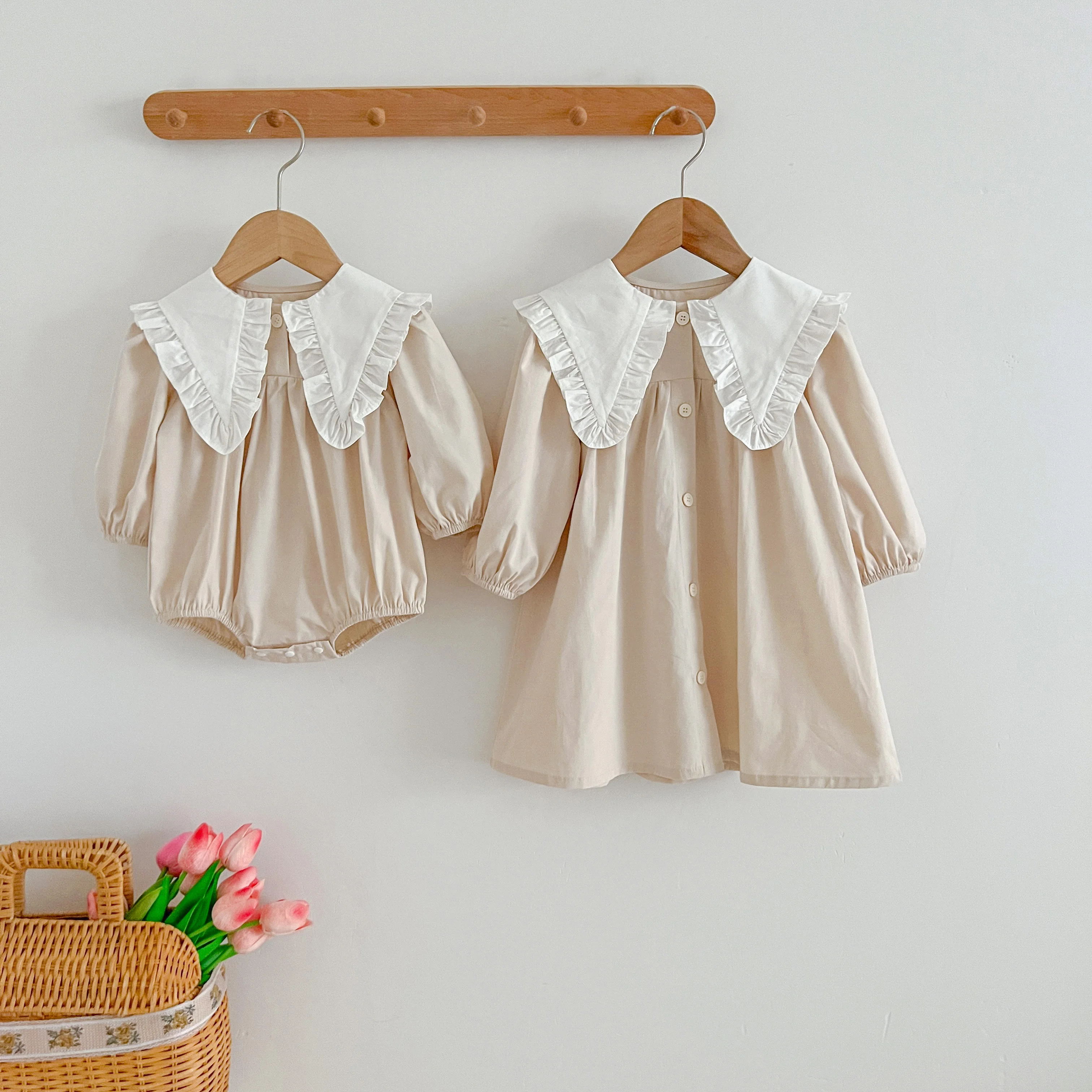 Family Sister Matching Dress Outfit Baby Girls Clothes Long Sleeve Flower Large Lapel Girl Dress Baby Romper Princess Dresses 4
