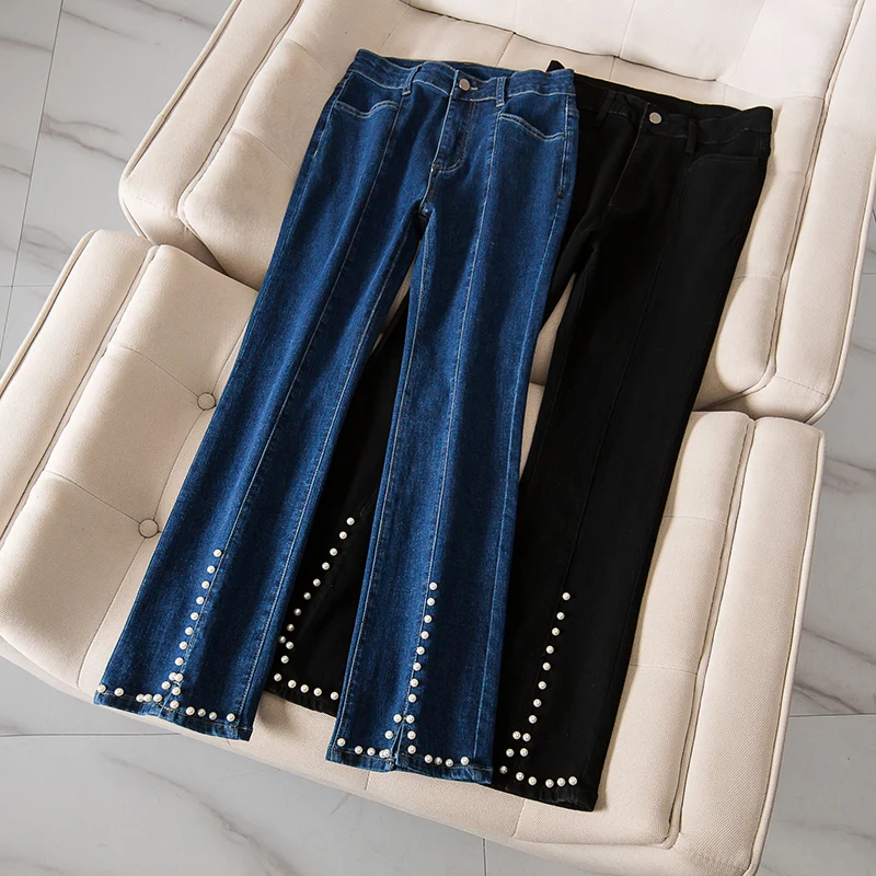 

Black Blue Split Beaded Flared Denim Spring Autumn Winter Women'S Baggy Jeans 2022 Trend Denim Pants Streetwear Female Clothing