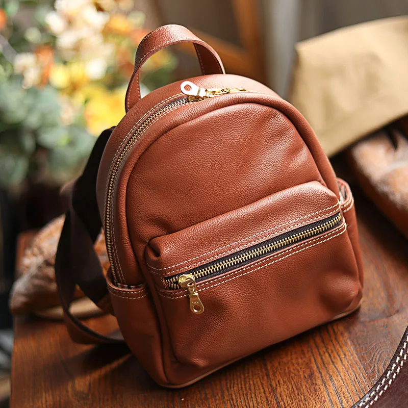 Top Layer Cowhide Women Backpack Small Genuine Leather Schoolbag Original Niche Backpack Female Preppy Style