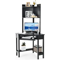 Corner Computer Desk with Hutch, Triangle Corner Desk w/Keyboard Tray and Bookshelves, Corner Writing Desk with Storage Shelves, 2