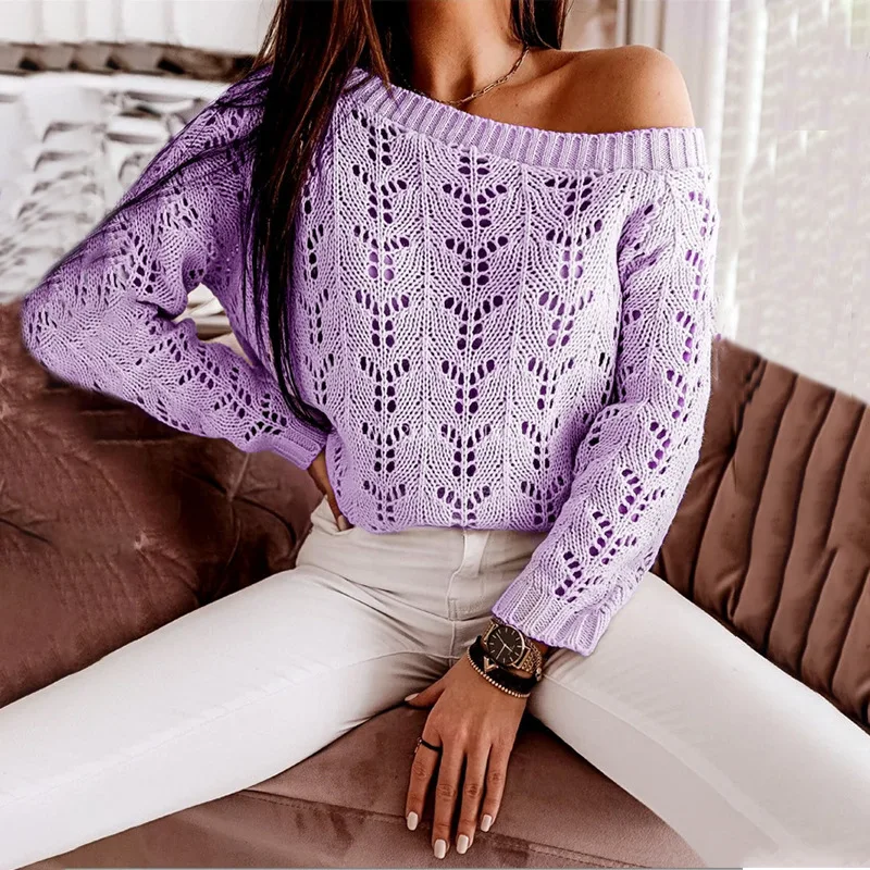 

Spring Autumn Hollow Out Thin Knitted Sweater Women Off-Shoulder Batwing Sleeve Pullovers Beach Cover-Up Solid Colors Jumpers