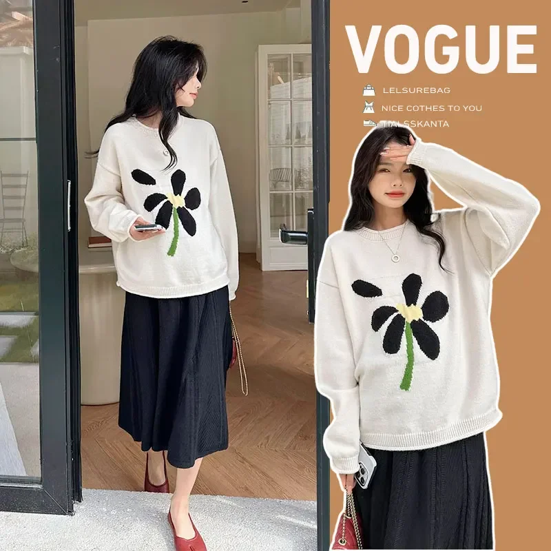 Autumn Pregnant Woman Sweater Korean Style Long Sleeve O-neck Large Flower Embroidery Fashion Maternity Knitted Pullovers Top