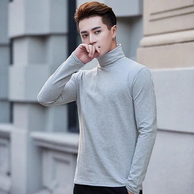 Fashion Men's Casual Slim Fit Basic Turtleneck High Collar Pullover Male Autumn Spring Thin Tops Basic Bottoming Plain T-shirt