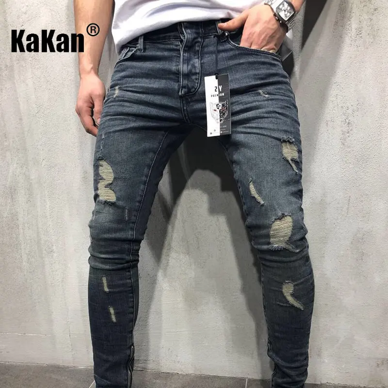 Kakan - European and American Distressed Jeans for Men's Wear, with Zippered Fit At The Hem and Small Leg Jeans K40-103