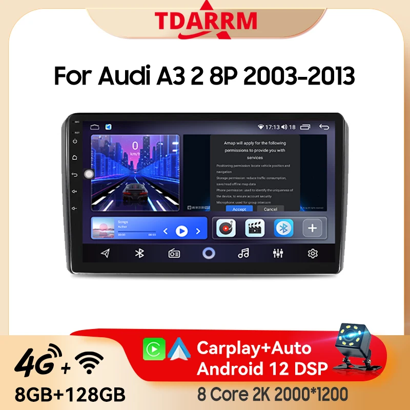 

TDARRM For Audi A3 2 8P 2003 - 2013 Car Radio Multimedia GPS Autoradio 4G WIFI DSP IPS 8G+256G Android 13 Carplay Player 2K QLED