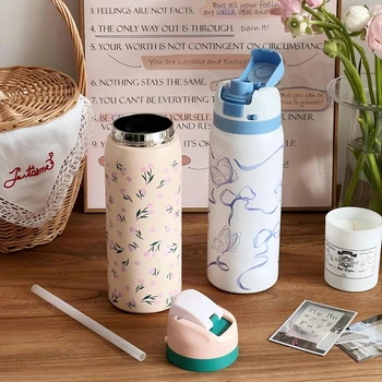 32oz Stainless Steel Thermos Water Bottle Cute Travel Vacuum Flasks  Thermal Cup With Straw Sports Gym Water Bottle For Woman 1