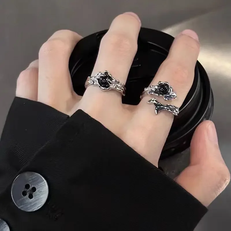 Gothic Irregular Gemstone Ring Aesthetic Girls Adjustable Black Stone Ring Women's Liquid Punk Ring Vintage Jewelry Accessories 4