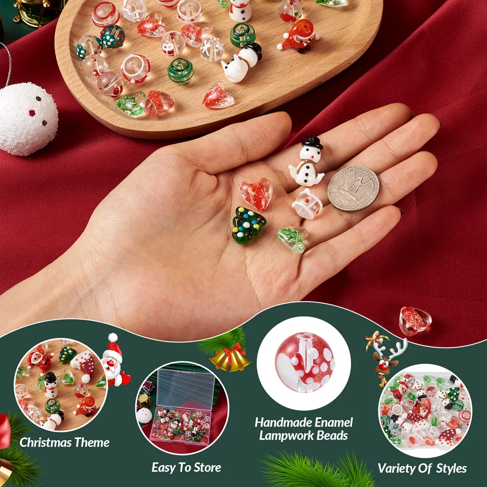 Christmas Lampwork & Transparent Glass Beads Xmas Tree Santa Claus Snowman Colorful Bead Charms DIY Jewelry Making Finding Kit