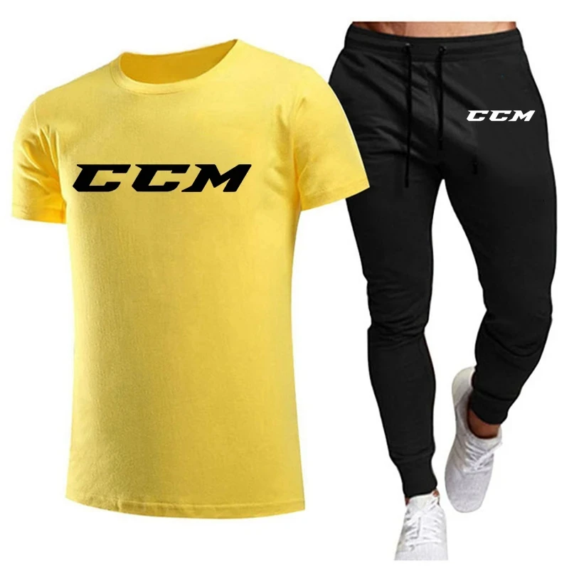 2024 new men's sports suit Summer men's fitness suit short sleeve T-shirt + pants suit cotton brand men's wear