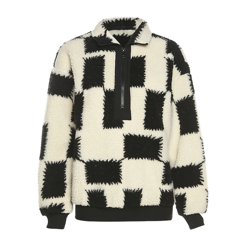 Autumn and Winter Women's 2023 Trend Long-sleeved Zipper Half-open Collar Plush Jacket Fashion Contrast Color Casual Trousers