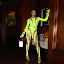 

Color Block Sheer Mesh Patchwork Jumpsuit Women Sexy O Neck Long Sleeve Leggings Club Party Romper One Piece Outfits Overalls